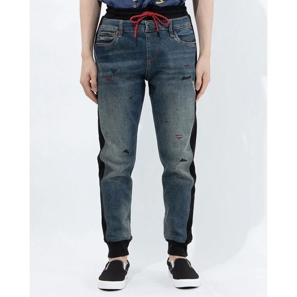 NWOT DESIGUAL Jeans Jogger Sweatpants 32 High RiseBlue,Paint-Splatter,Logo - Picture 1 of 15